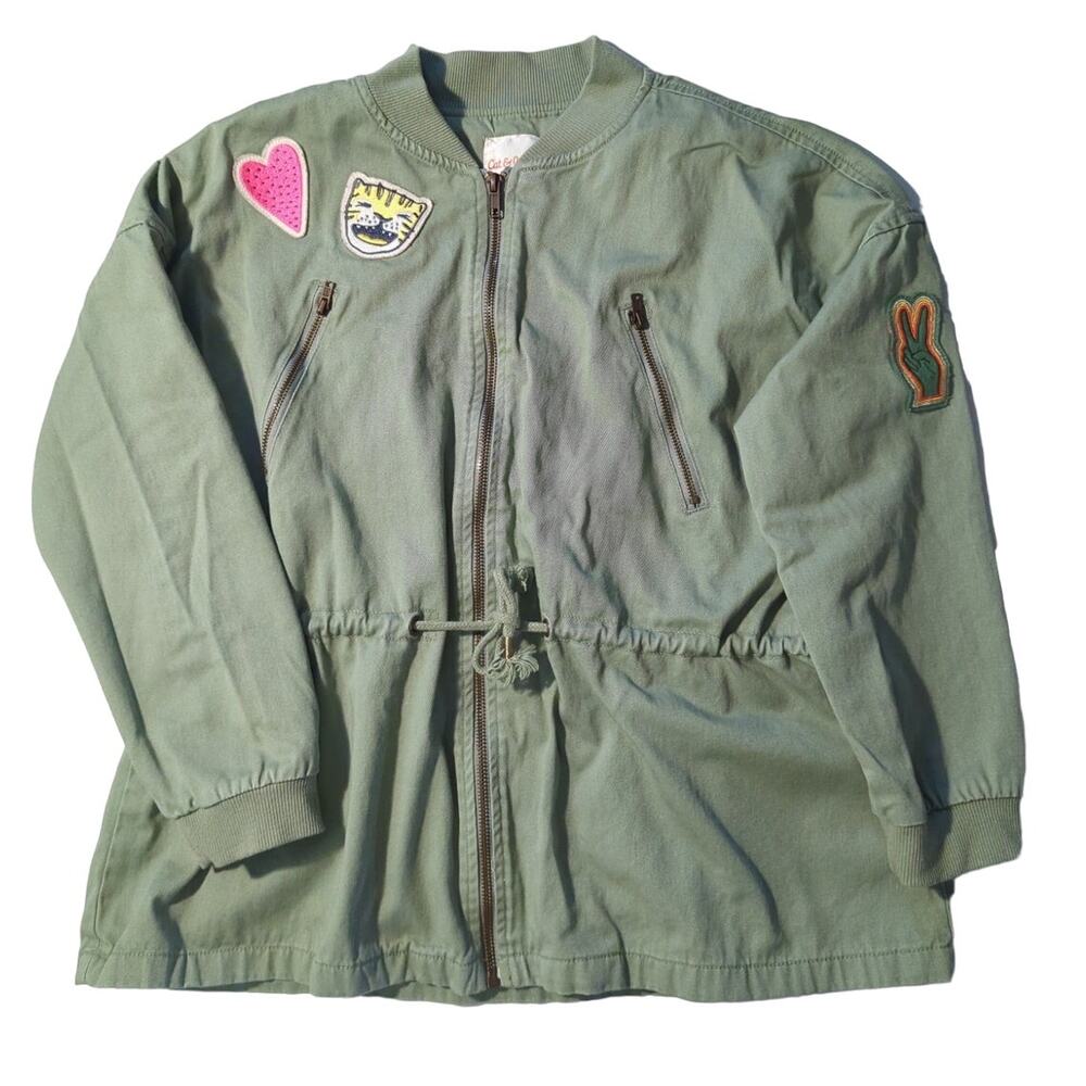 Cat & Jack Light Sage Green Zip Up Jacket Heart Cheetah Peace Girls Sz L (10-12)